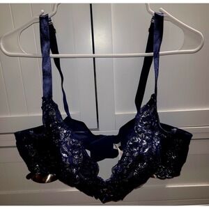 Cacique 44D Navy Blue Silver Metallic Floral Lace Unlined Lace-Up Bra